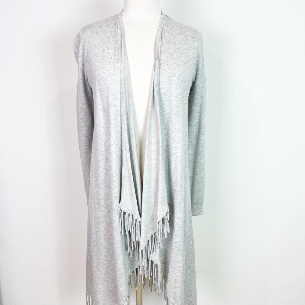 CENTRAL PARK WEST NY GRAY FRINGE OPEN FRONT LONG CARDIGAN SWEATER WOMENS SZ XS